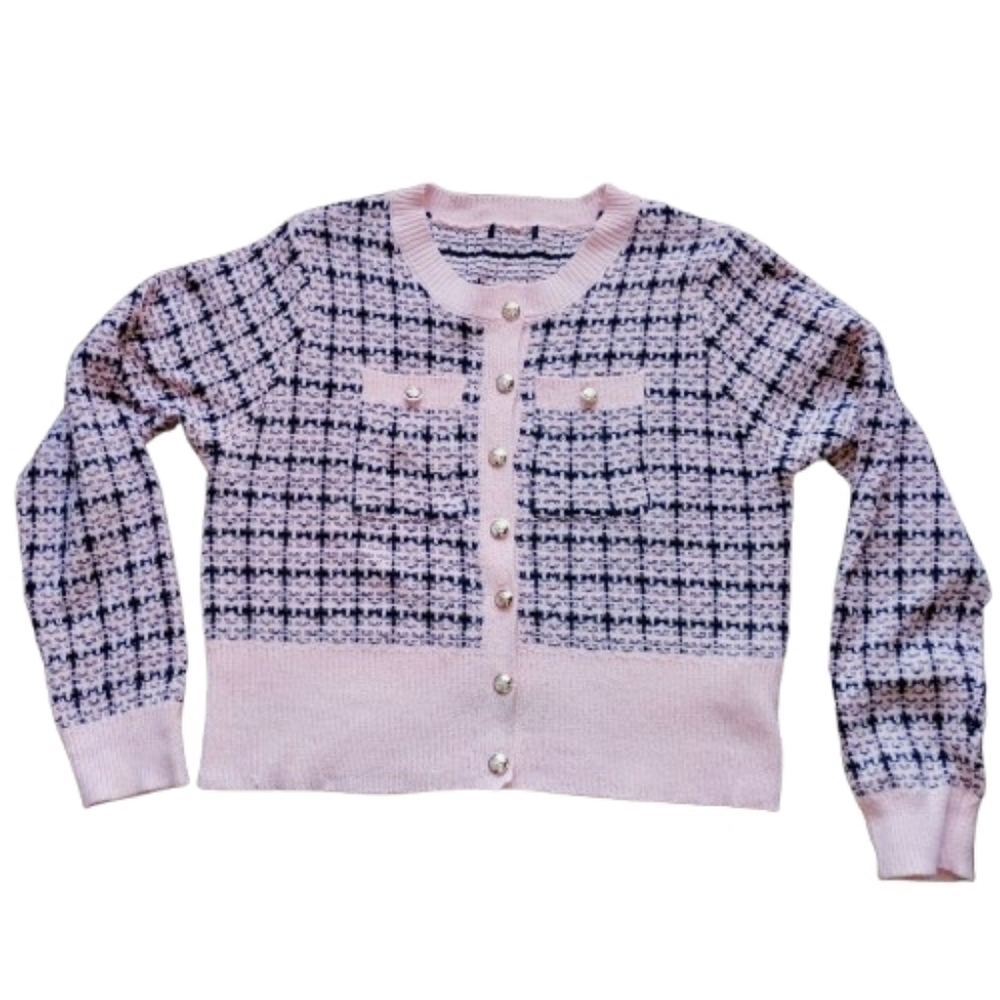 Lady Jacket Cardigan Sweater XL Pink Black Plaid Gold Buttons